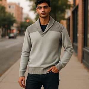 BKE Men's Shawl Collar Athletic Fit Sweater  Size L  Gray  BTS Business Casual